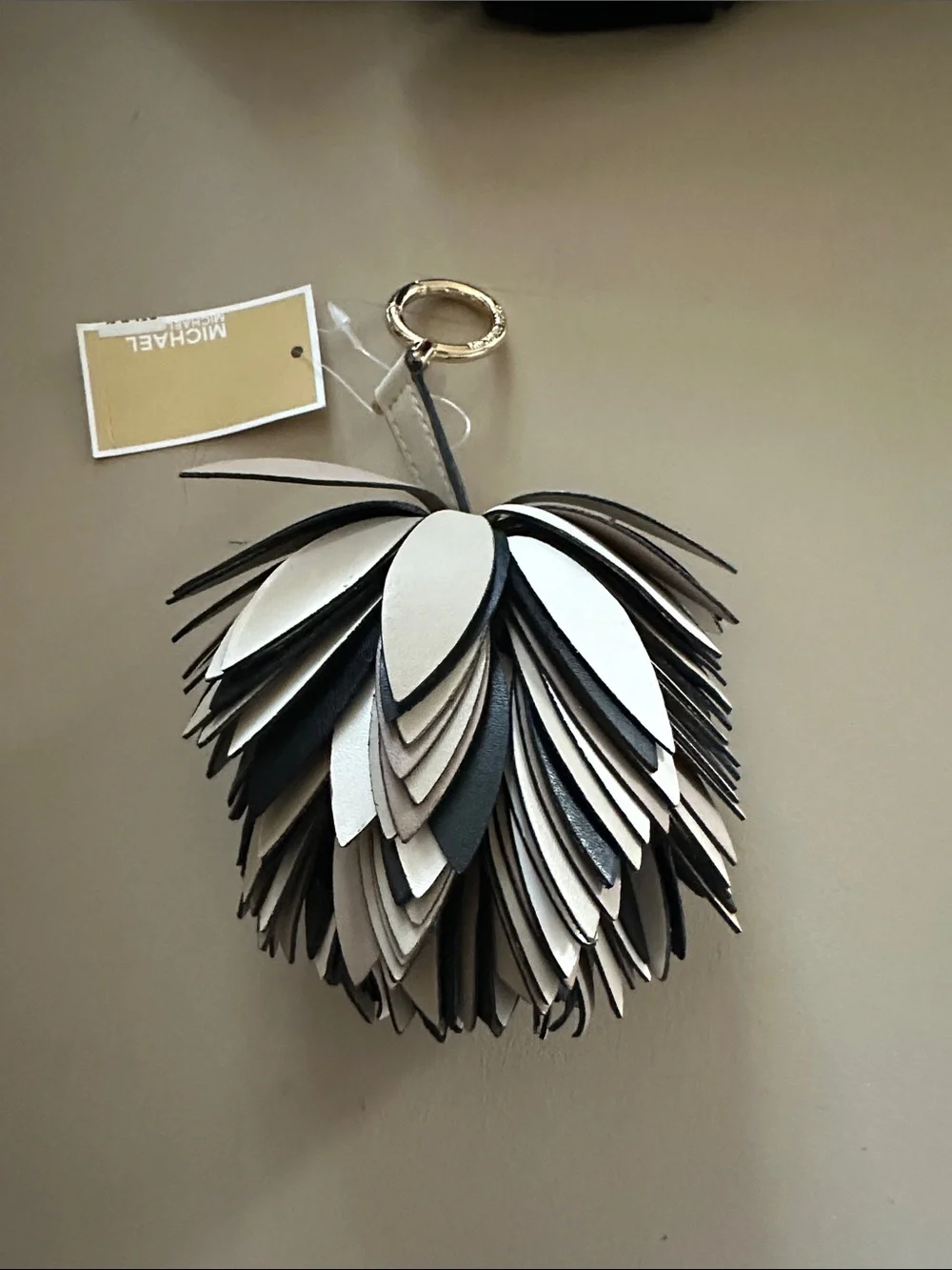 Michael Kors Black and Cream Layered Leaf Pom Keyring